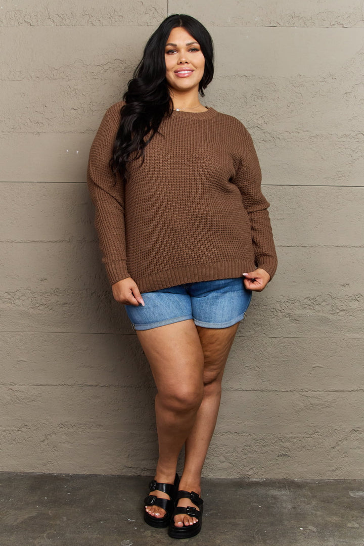 Waffle high low hem side slits plus size in brown, styled on model 2