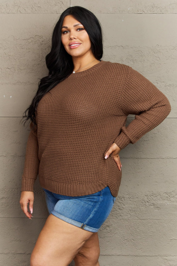 Waffle high low hem side slits plus size in brown, styled on model