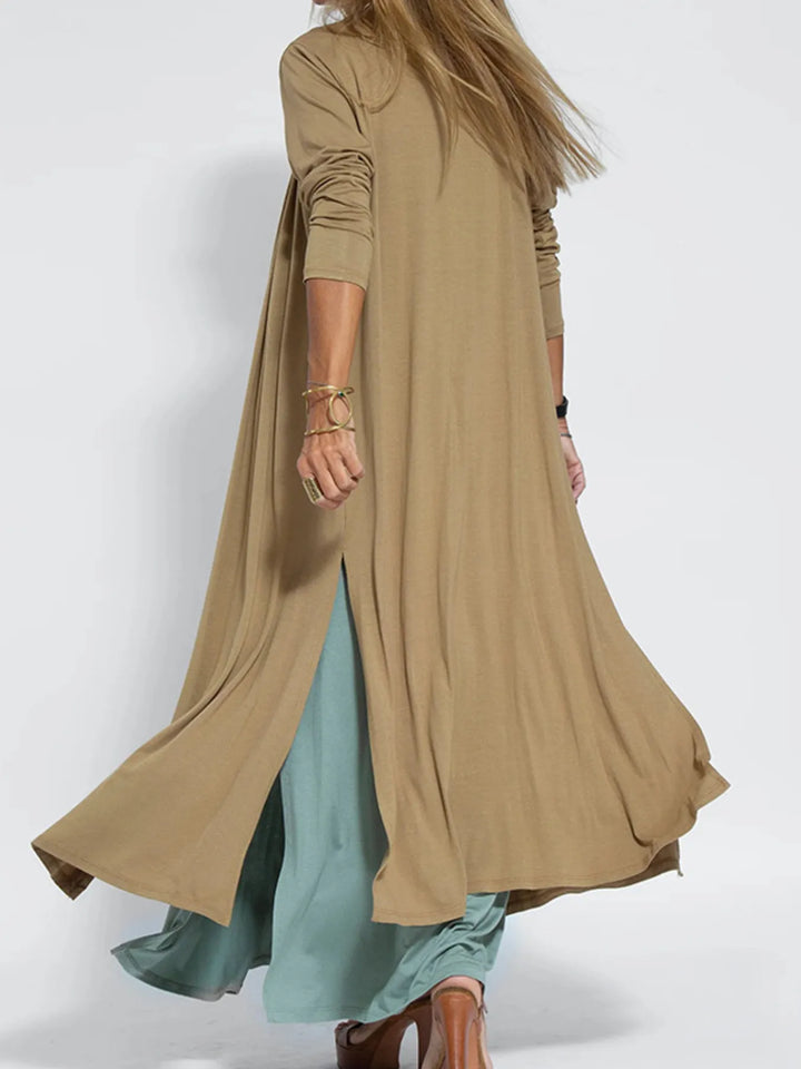 Caramel open front cardigan swinging as the model walks