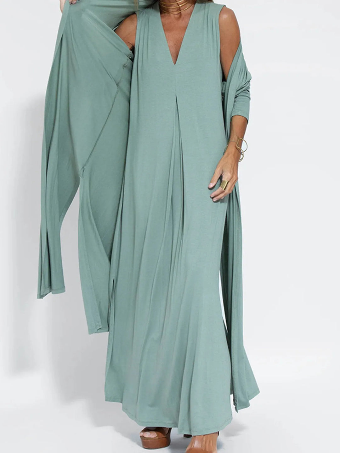 Women's long cardigan in sage green, open front duster over a matching maxi dress