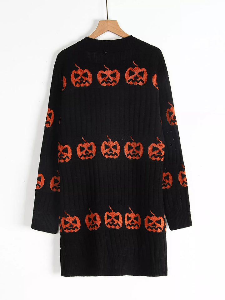 Black pumpkin pattern long cardigan hanging on a hanger, back view