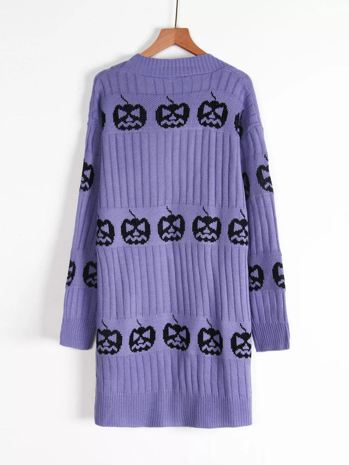 Back view of the lavender pumpkin pattern cardigan on a hanger
