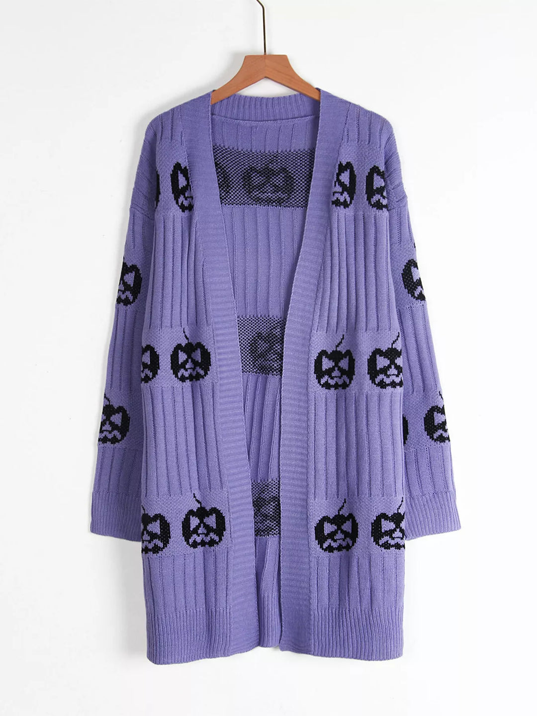 Lavender ribbed knit pumpkin cardigan hanging on a hanger, open front
