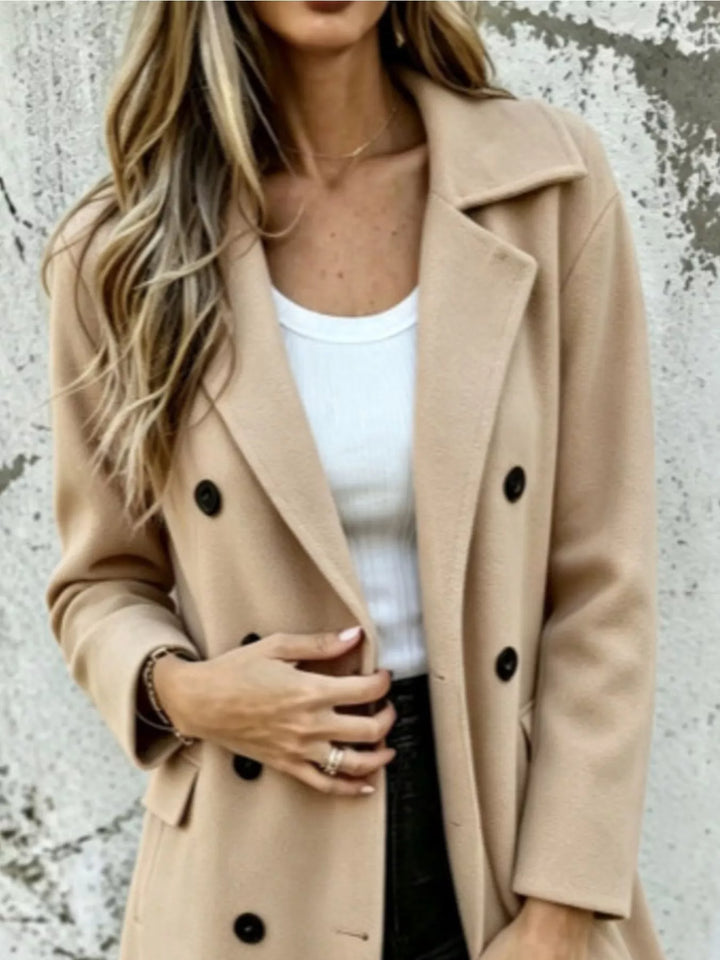 Beige lapel collar coat close-up of the buttons and wide lapel
