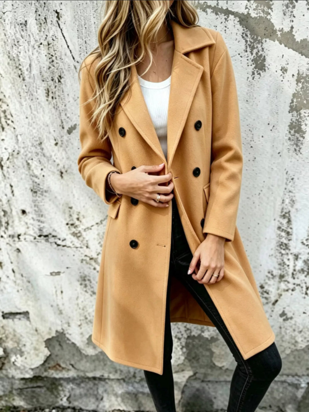 Women's camel long coat, double breasted knee length with lapel collar, front view