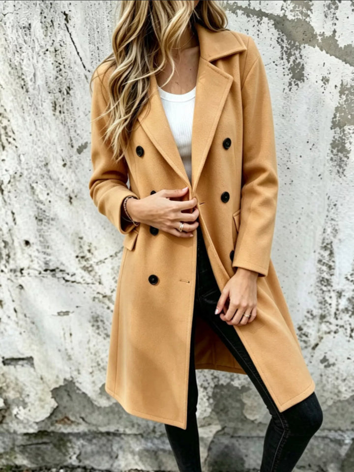 Women's camel long coat, double breasted knee length with lapel collar, front view