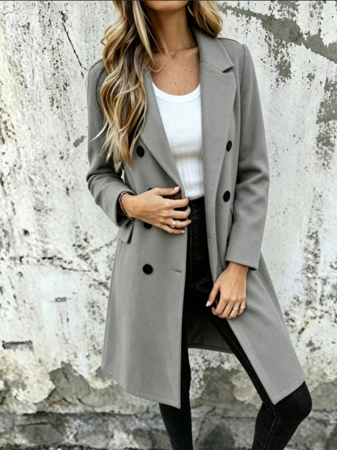 Gray double breasted knee length coat with lapel collar, standing pose