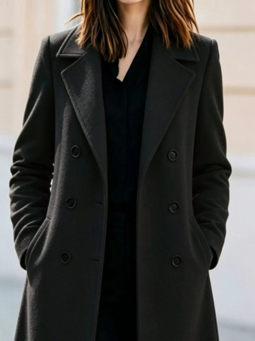 Close-up of the black double breasted coat lapel and button detail