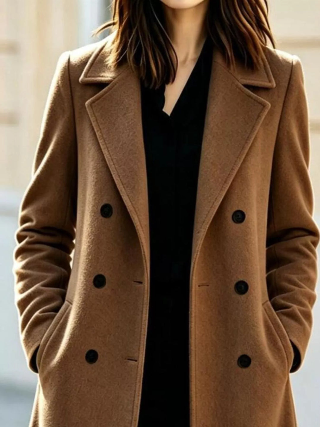 Close-up of the camel double breasted coat buttons and notch lapel