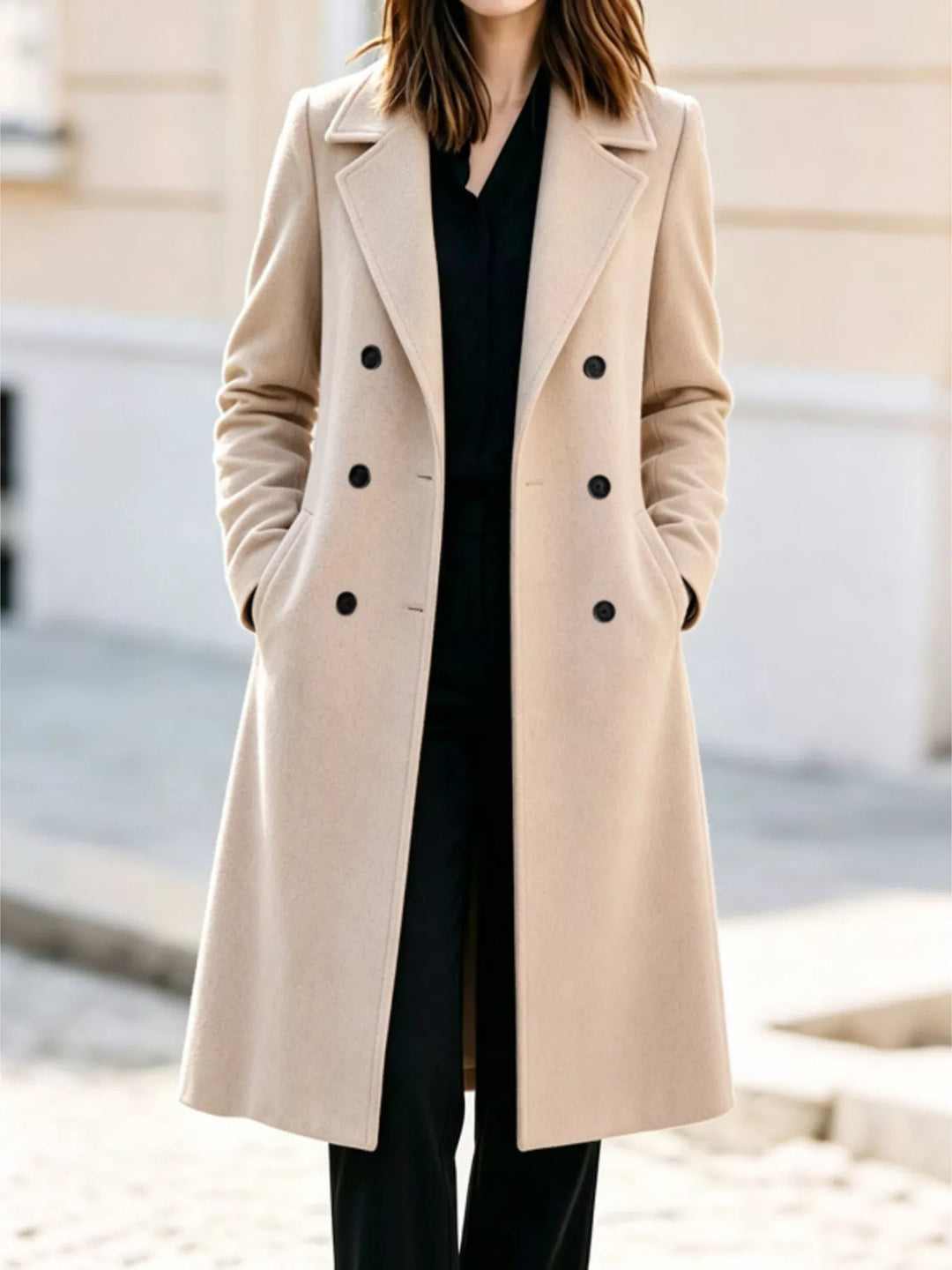 Cream double breasted long coat with a notch lapel, mid calf front view