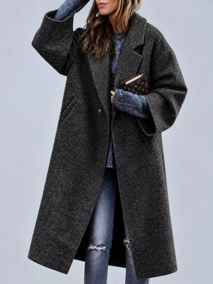 Oversized lapel one button longline in black, styled on model