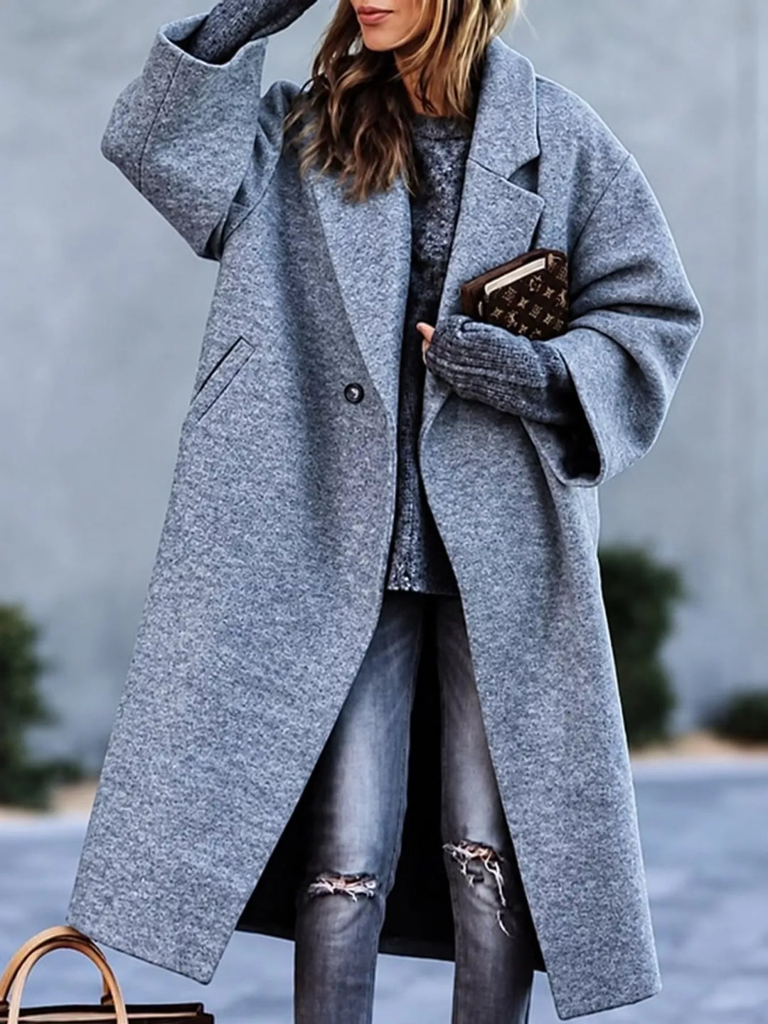 Oversized lapel one button longline in gray, styled on model