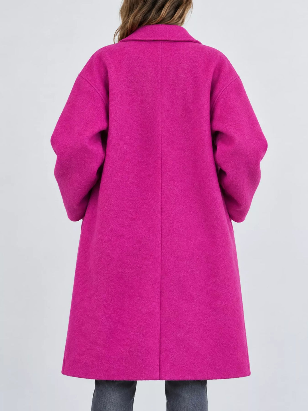 Oversized lapel one button longline in hot pink, back view