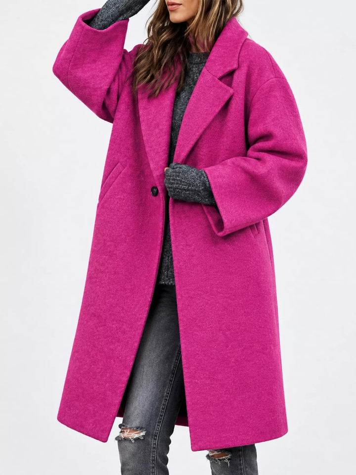 Oversized lapel one button longline in hot pink, styled on model