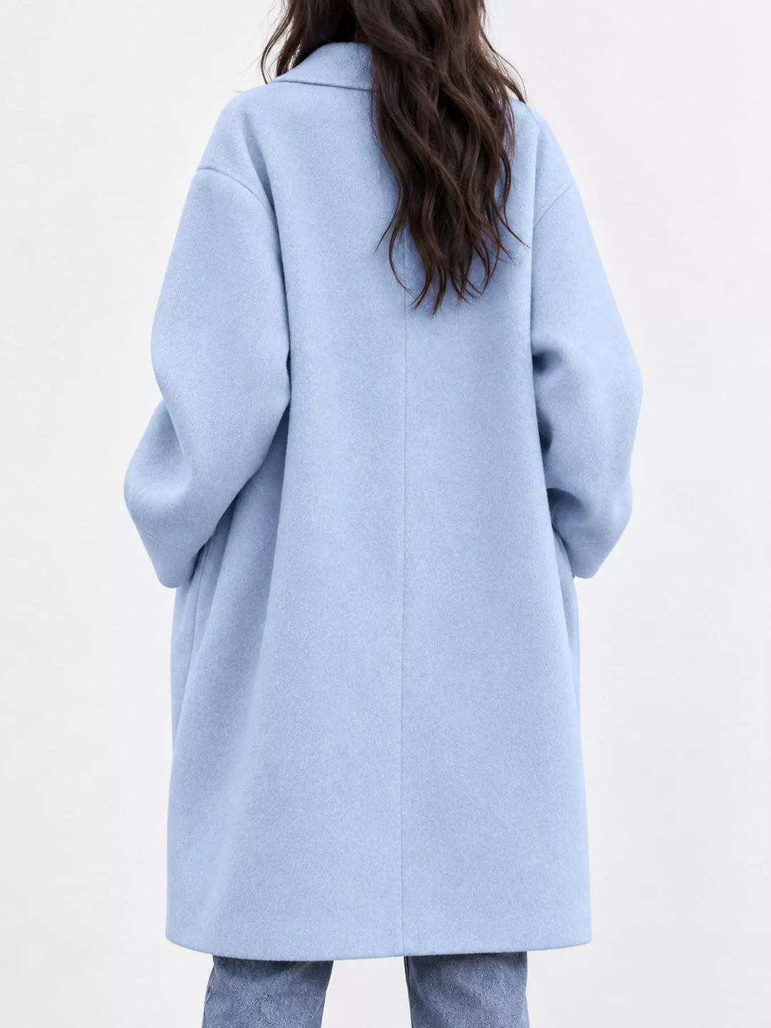 Oversized lapel one button longline in light blue, back view