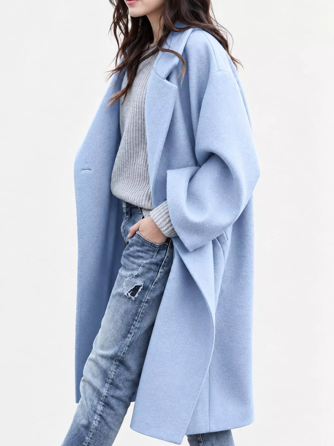 Oversized lapel one button longline in light blue, styled on model