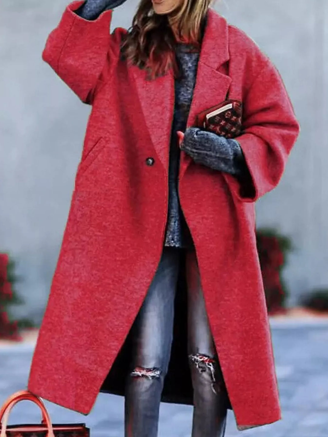 Oversized lapel one button longline in red, front view
