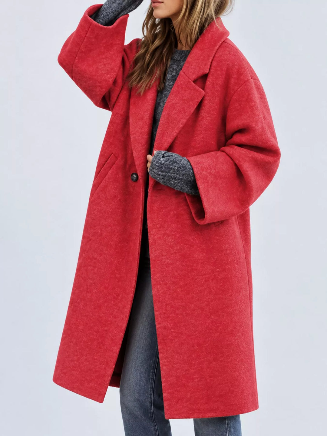 Oversized lapel one button longline in red, styled on model