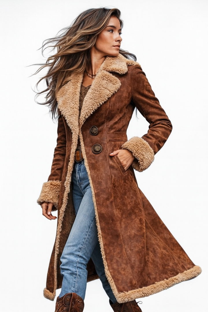 Model walking in the brown suede-look coat with sherpa lapels and cuffs