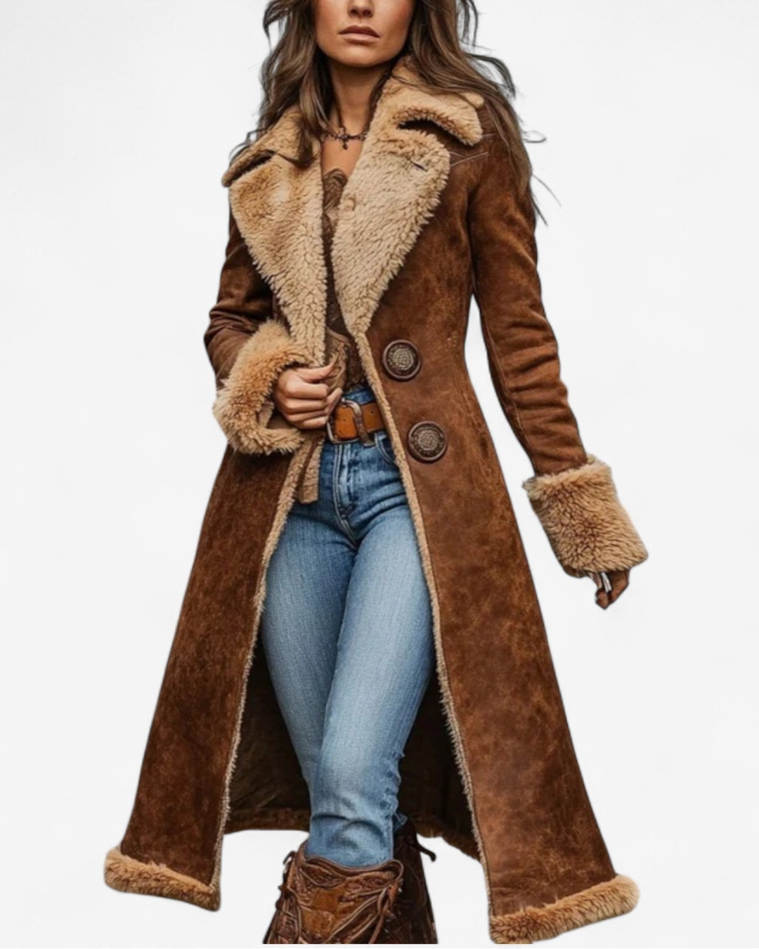 Women's long faux shearling coat in brown, suede-look with sherpa trim and flared hem