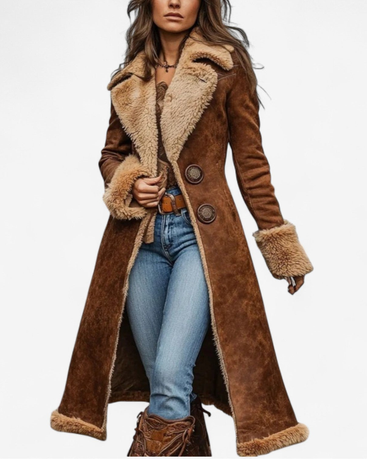 Women's long faux shearling coat in brown, suede-look with sherpa trim and flared hem