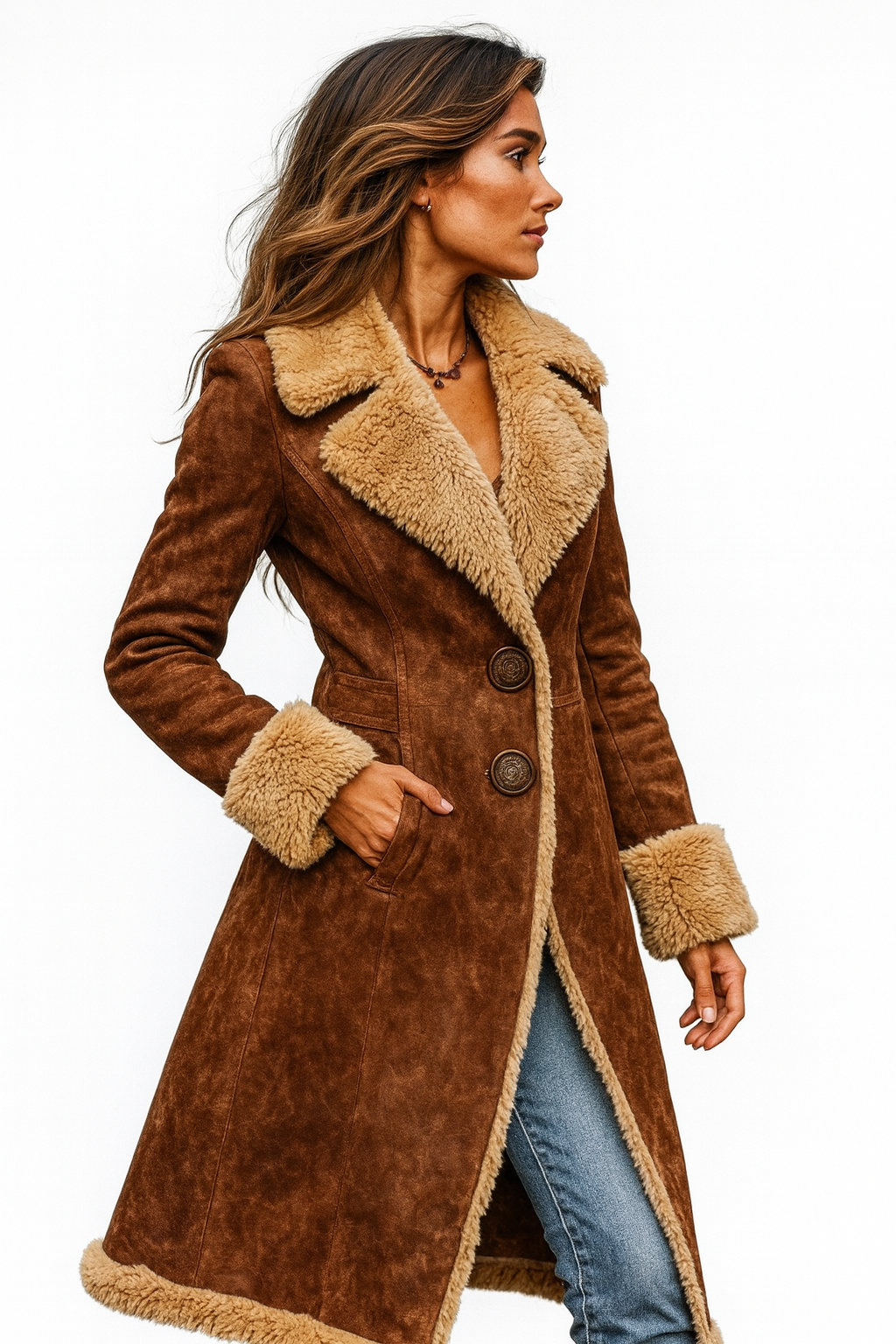 Side view of the brown long coat with hand in the side pocket