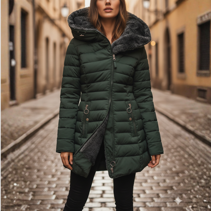 Model wearing the dark green long puffer coat with a quilted body and plush-lined hood