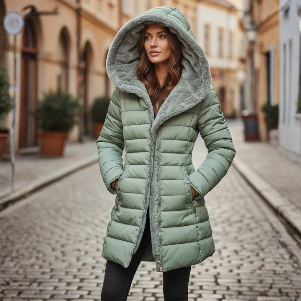Model wearing the sage green long puffer coat with a quilted body and plush-lined hood