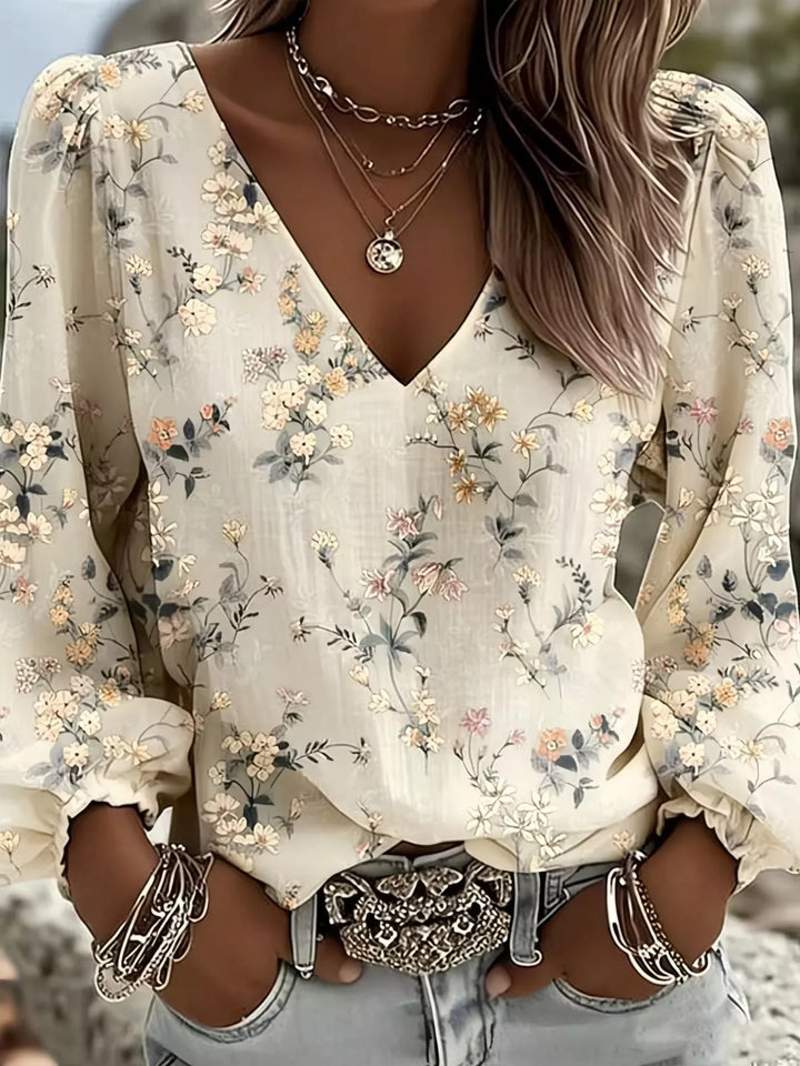 Floral print v-neck lace trim cuffs in cream, styled on model