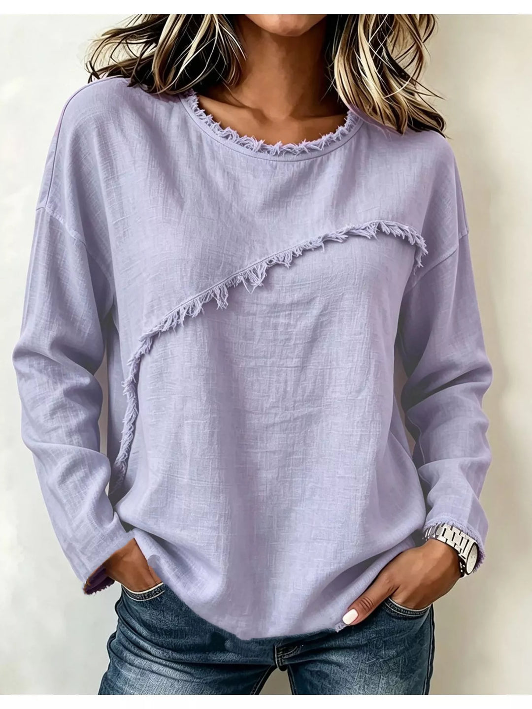 Frayed diagonal seam round neck in lavender, front view