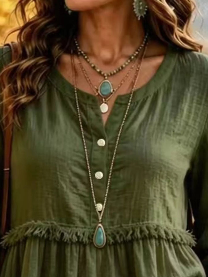 Fringe trim babydoll plus size in army green, close-up detail