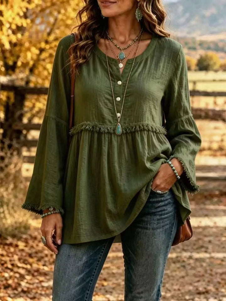 Fringe trim babydoll plus size in army green, front view