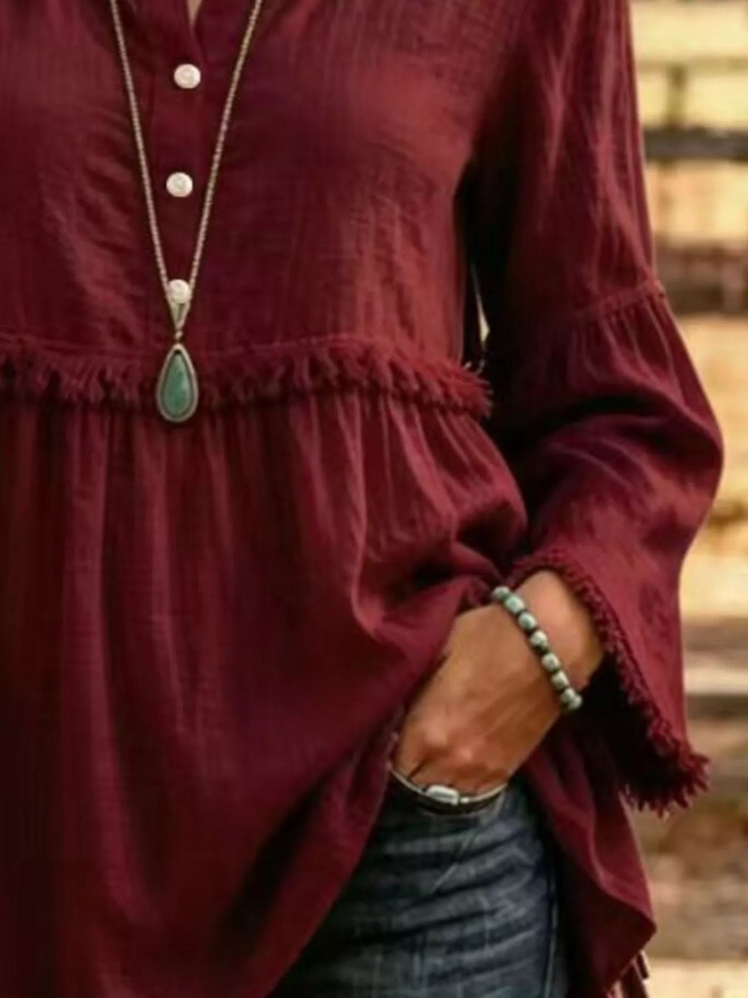 Fringe trim babydoll plus size in burgundy, close-up detail
