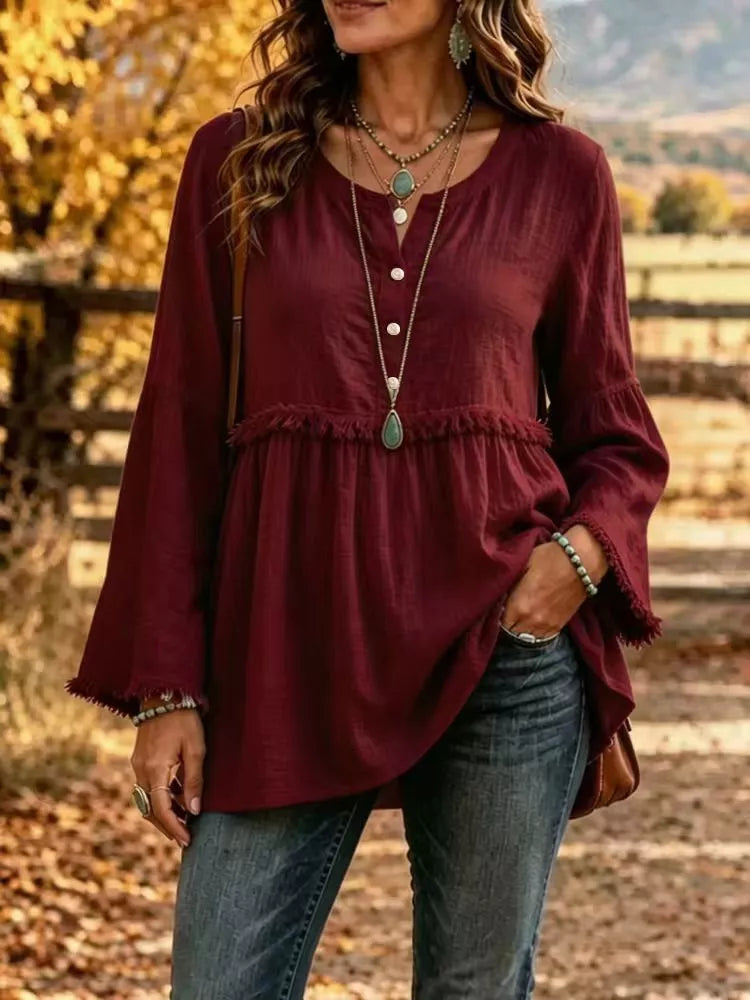 Fringe trim babydoll plus size in burgundy, front view
