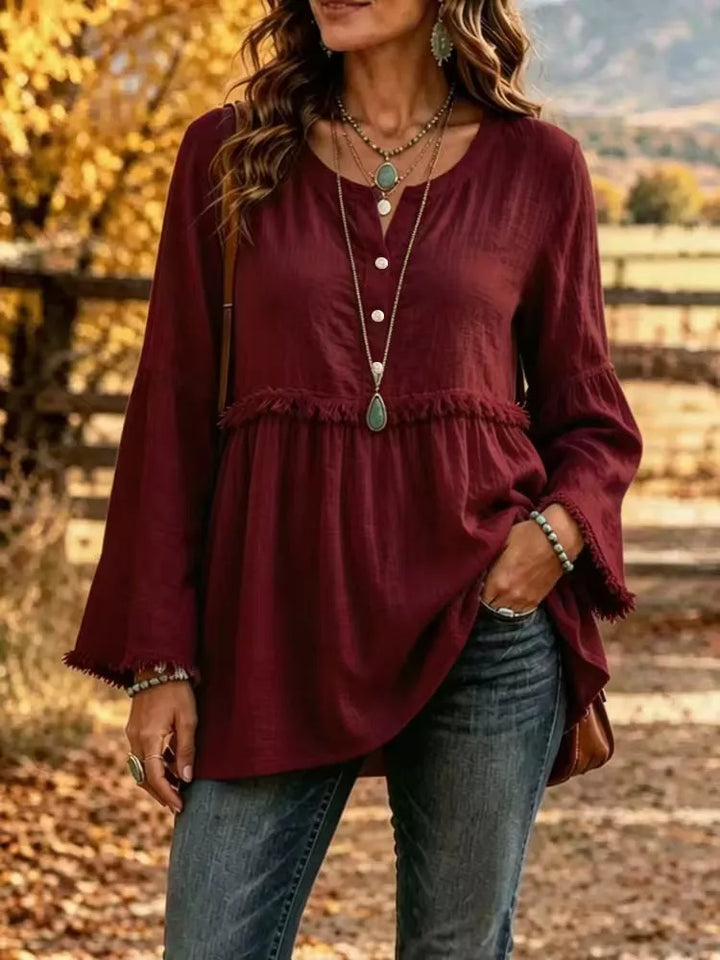 Fringe trim babydoll plus size in burgundy, front view