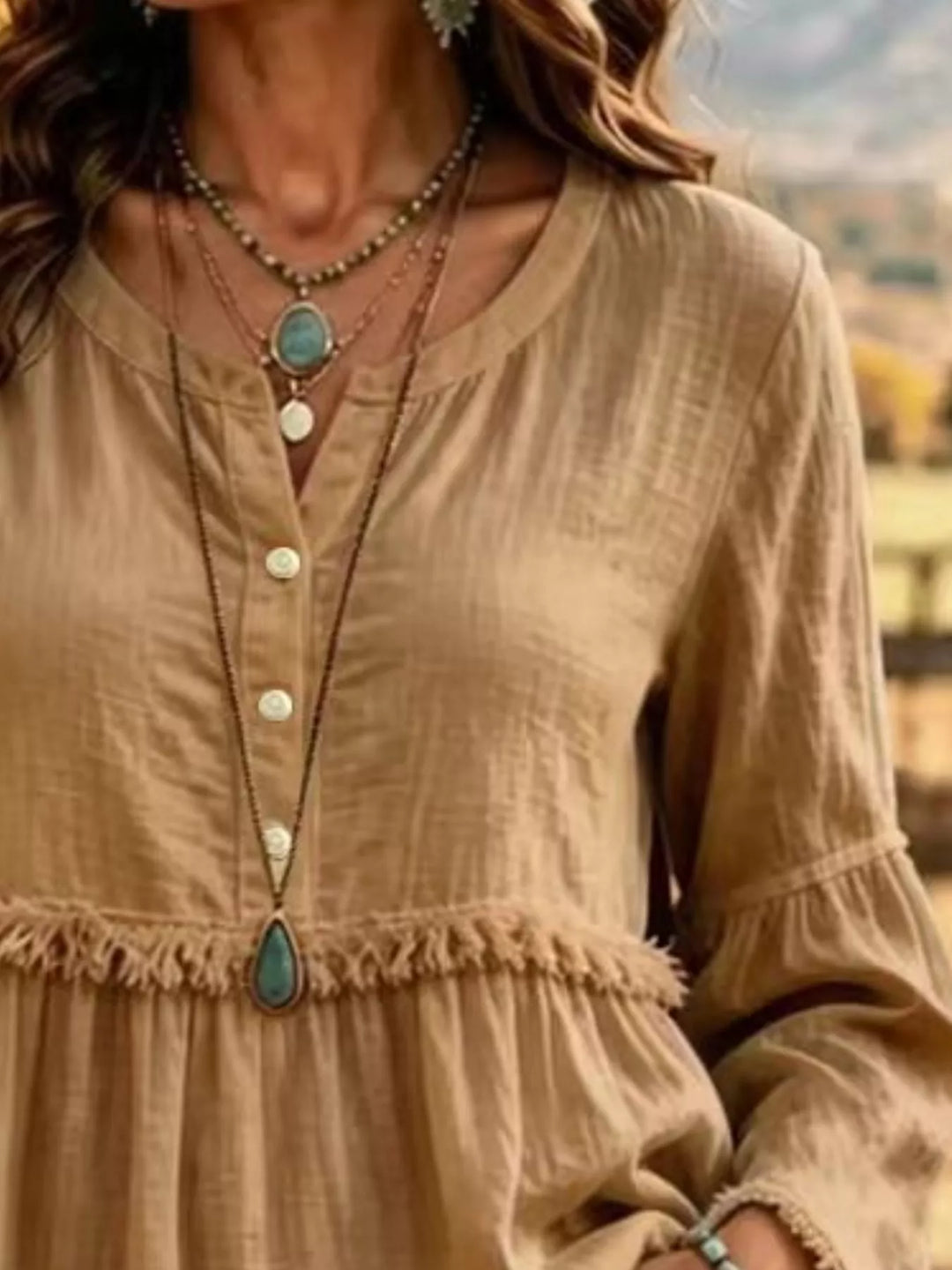 Fringe trim babydoll plus size in caramel, close-up detail