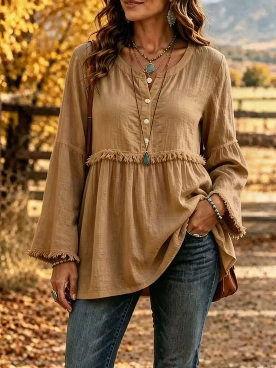 Fringe trim babydoll plus size in caramel, front view