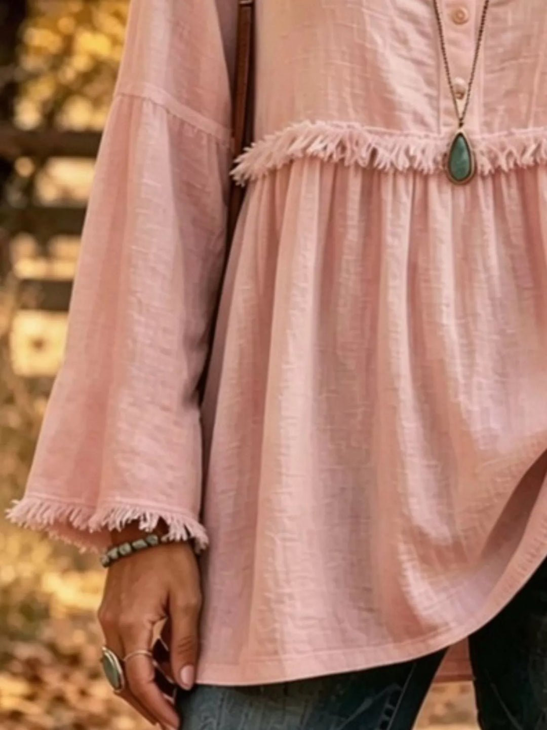 Fringe trim babydoll plus size in pink, close-up detail