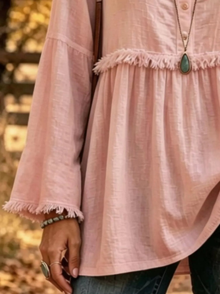 Fringe trim babydoll plus size in pink, close-up detail