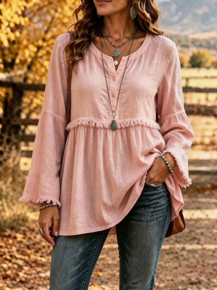 Women's long sleeve blouse in pink, fringe trim babydoll plus size