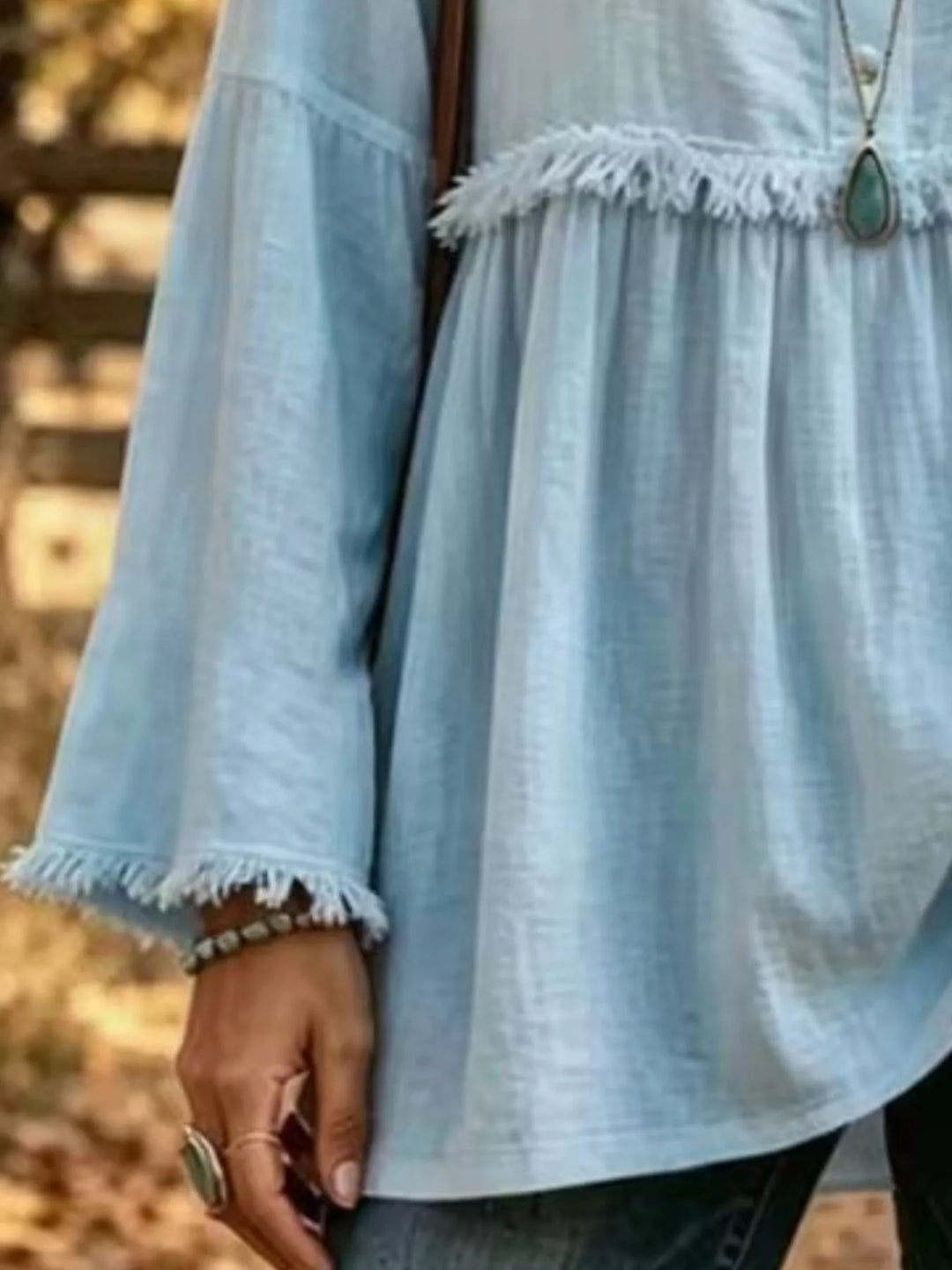 Fringe trim babydoll plus size in sky blue, close-up detail