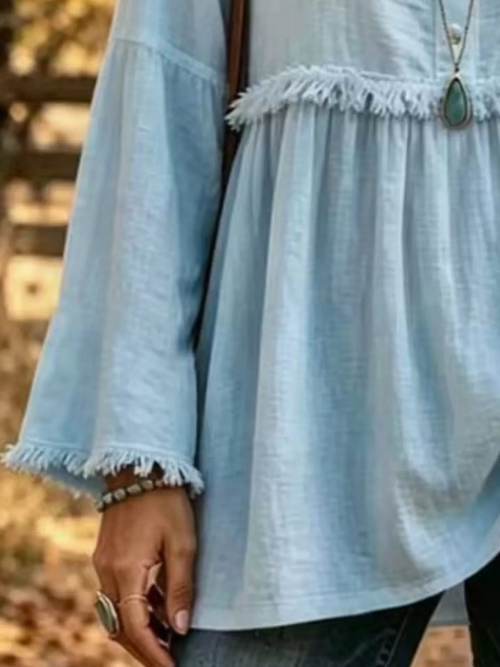 Fringe trim babydoll plus size in sky blue, close-up detail
