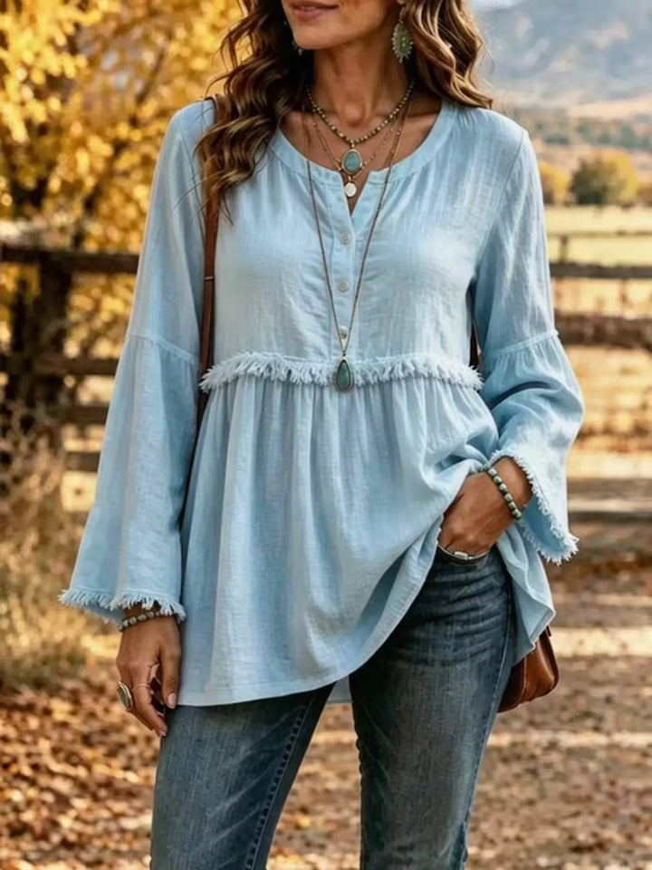 Fringe trim babydoll plus size in sky blue, front view