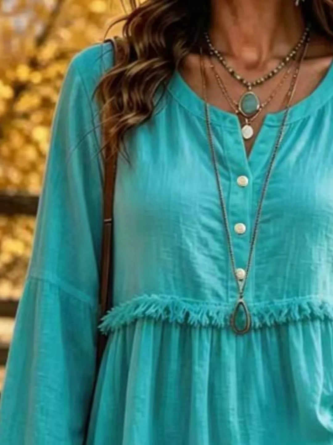 Fringe trim babydoll plus size in turquoise, close-up detail