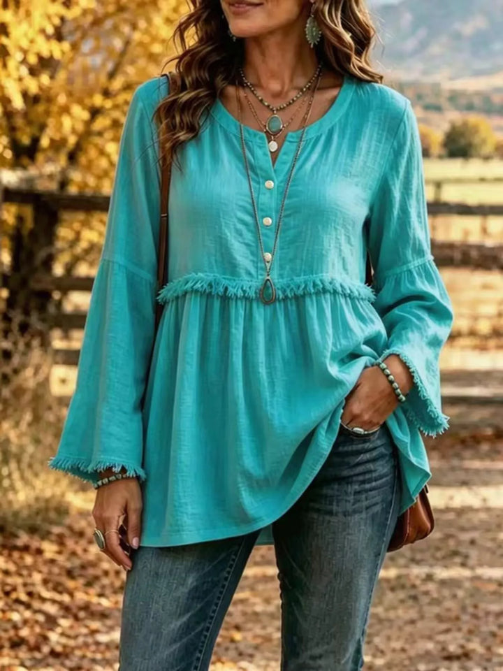 Fringe trim babydoll plus size in turquoise, front view