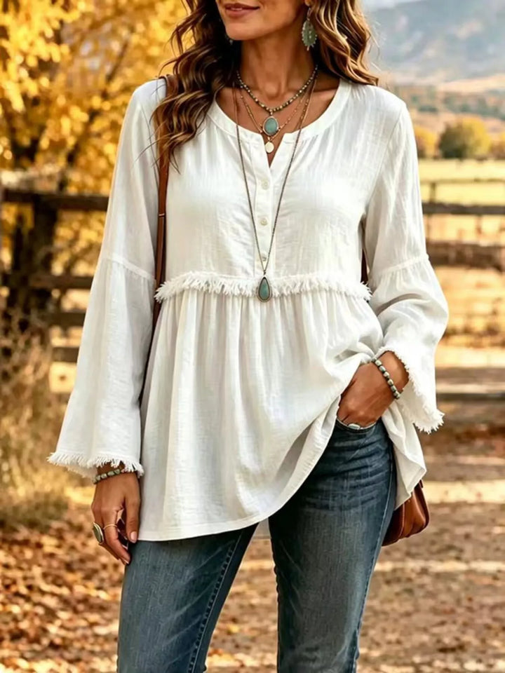 Fringe trim babydoll plus size in white, front view