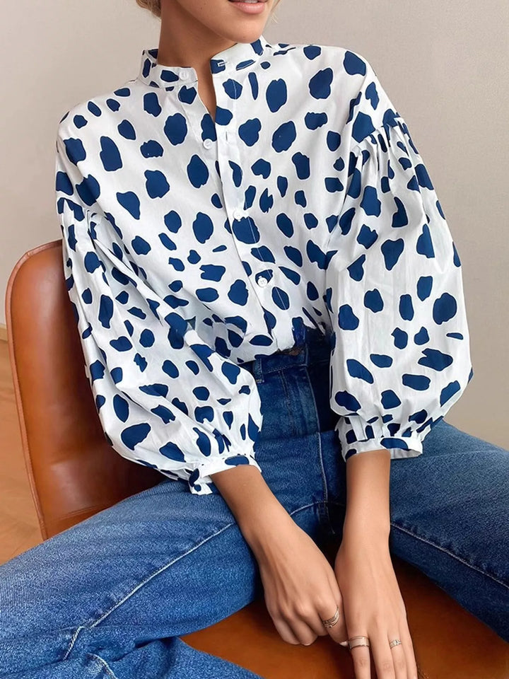 Women's long sleeve blouse in blue, spot print split collar button front