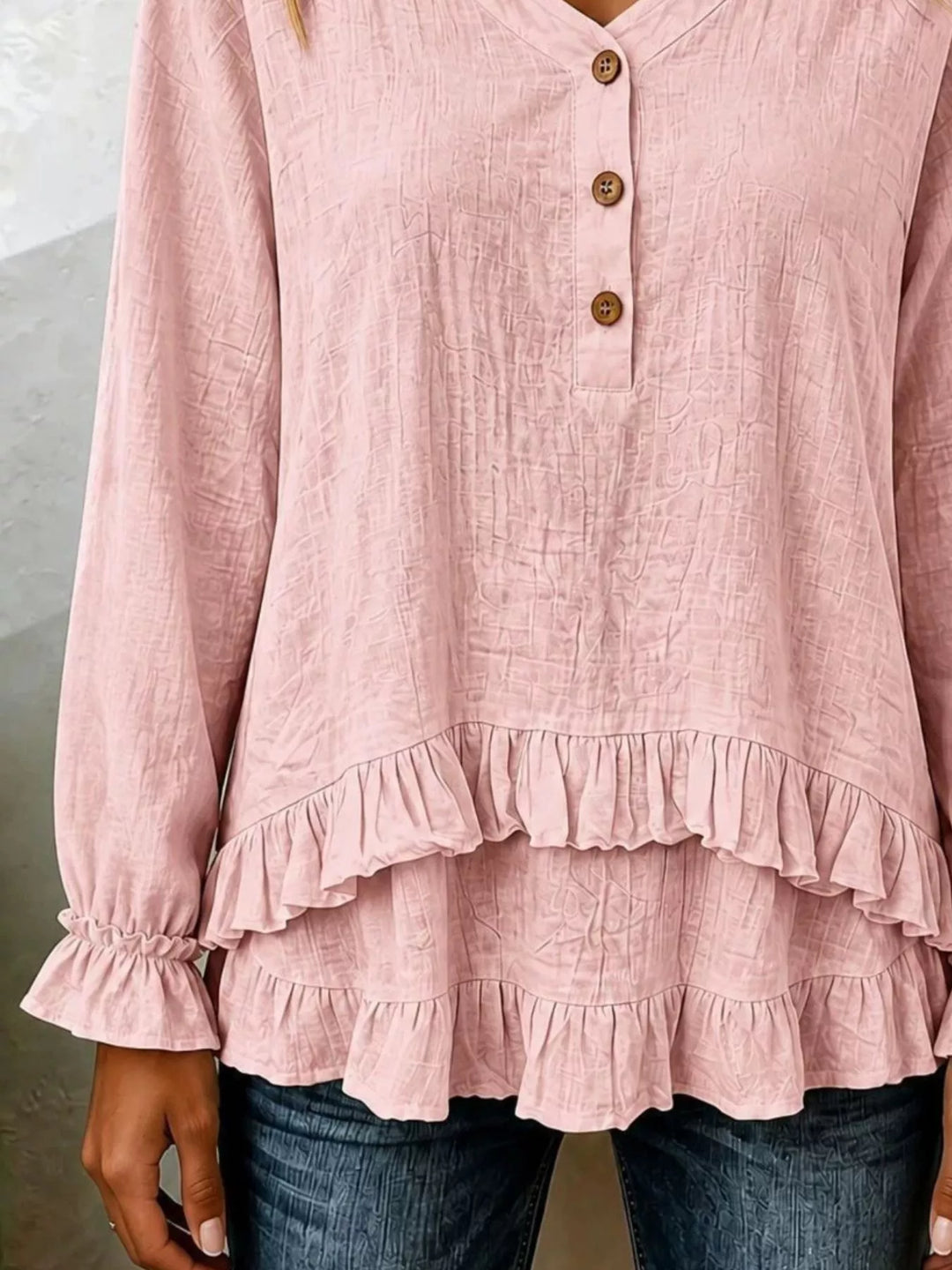 Tiered ruffle hem v-neck slub texture in dusty pink, close-up detail 2