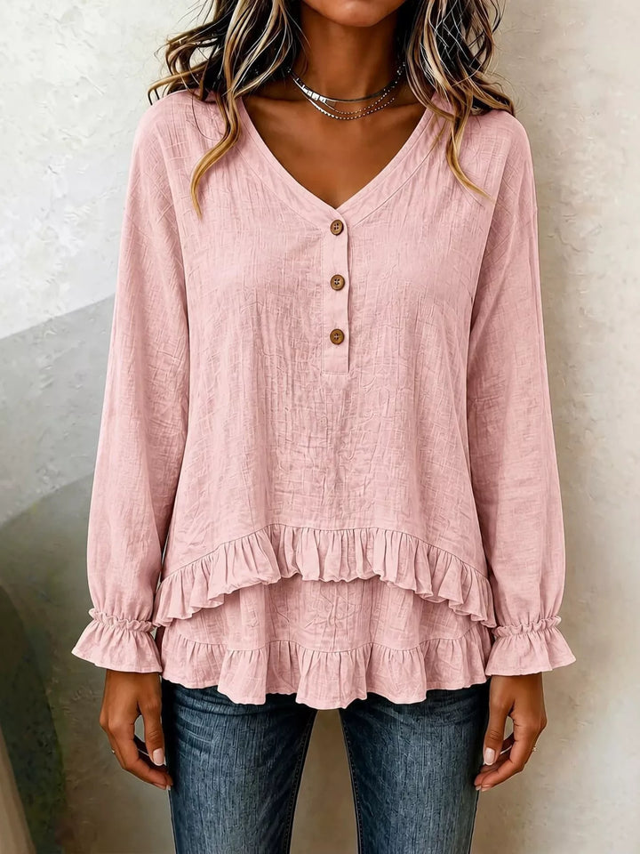 Women's long sleeve blouse in dusty pink, tiered ruffle hem v-neck slub texture