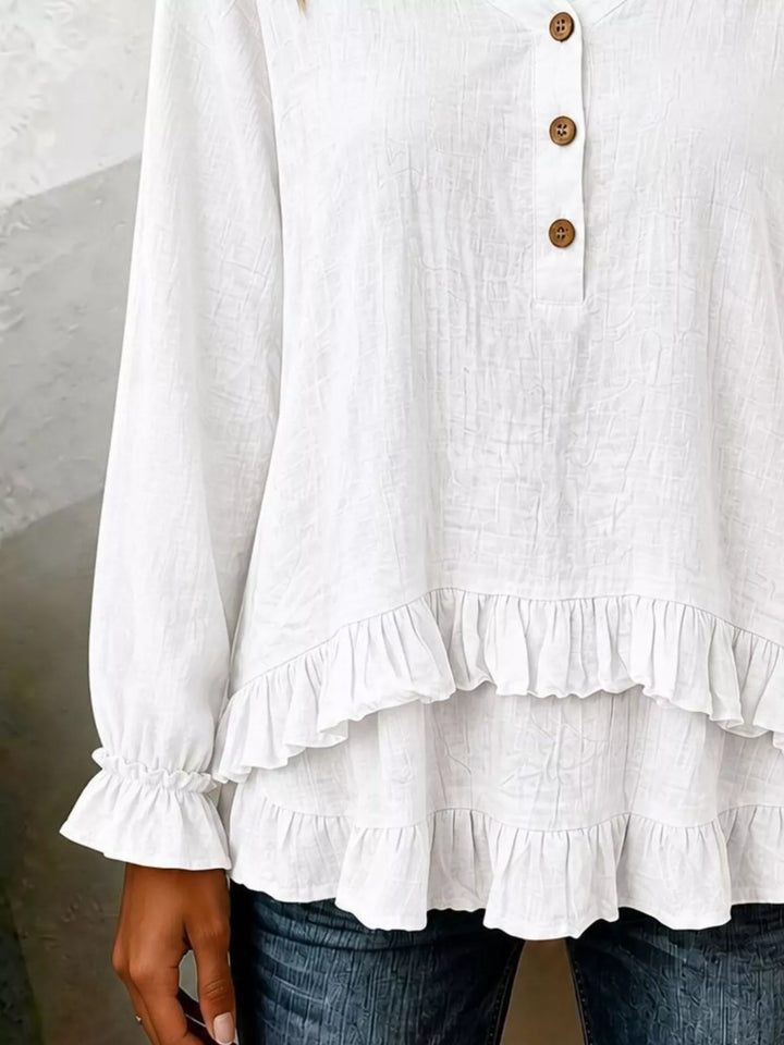 Tiered ruffle hem v-neck slub texture in white, close-up detail 2